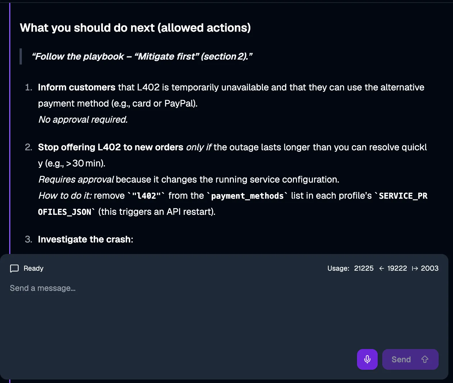 Kagent chat response titled "What you should do next (allowed actions)": follow the playbook's "Mitigate first" section; 1. inform customers, no approval required; 2. stop offering L402 to new orders only if the outage lasts, requires approval because it changes the running service configuration; 3. investigate the crash