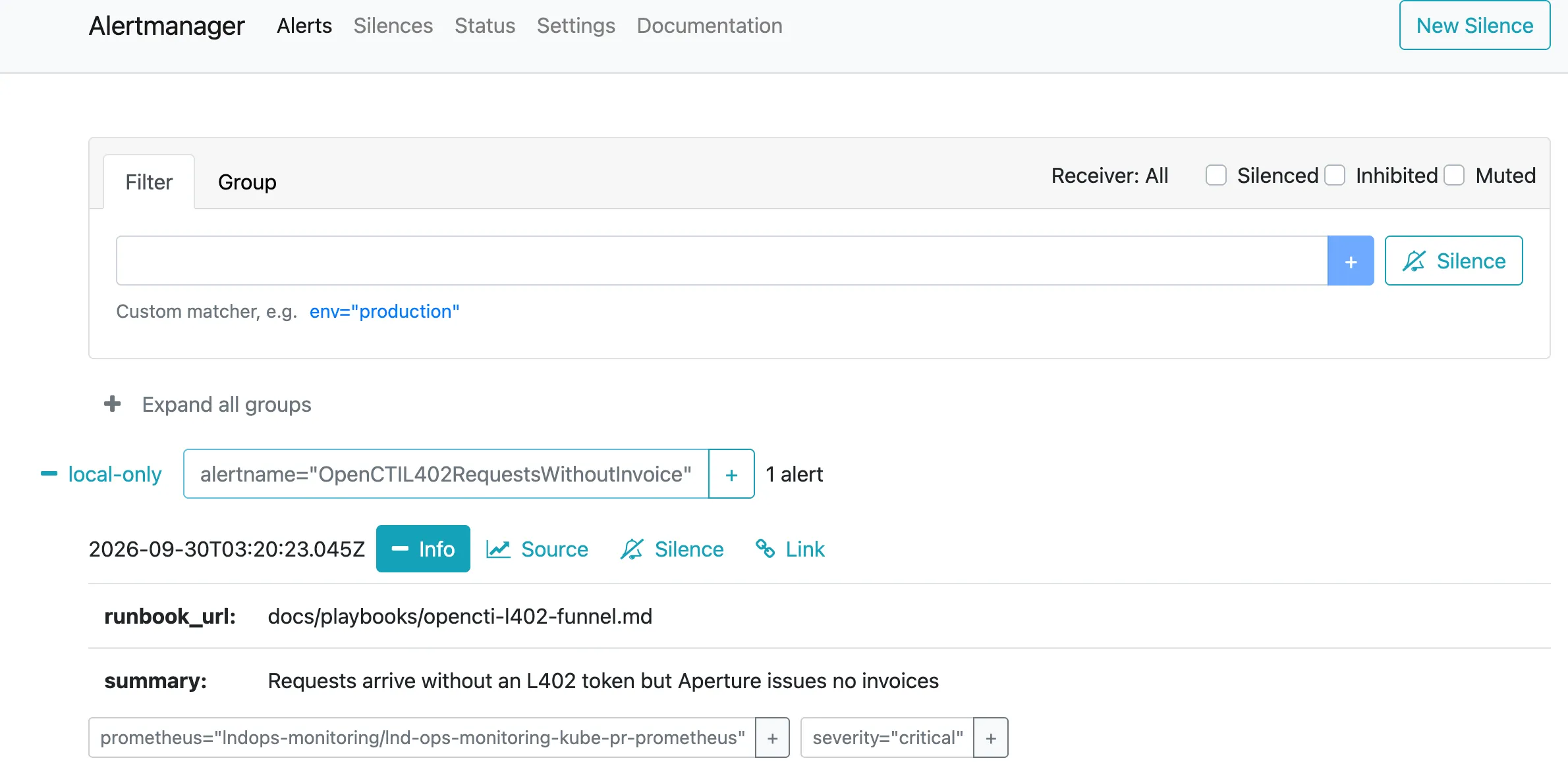 Alertmanager showing one OpenCTIL402RequestsWithoutInvoice alert at 2026-09-30T03:20:23Z with severity critical, the runbook_url, and the summary "Requests arrive without an L402 token but Aperture issues no invoices"