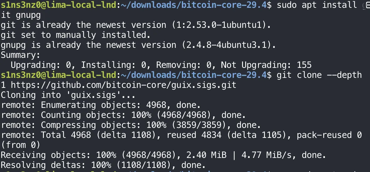 Inside the VM: sudo apt install git gnupg reports git 1:2.53.0-1ubuntu1 and gnupg 2.4.8-4ubuntu3.1 are already the newest version, installing 0 and not upgrading 155; git clone --depth 1 https://github.com/bitcoin-core/guix.sigs.git clones 4968 objects (2.40 MiB)