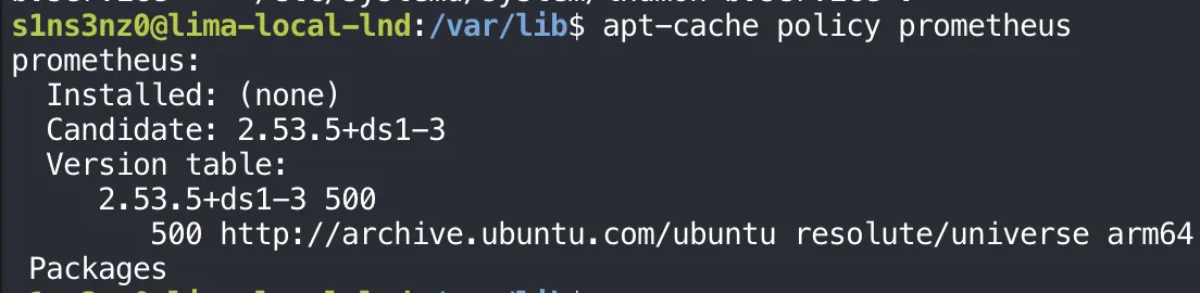 apt-cache policy prometheus: Installed (none), Candidate 2.53.5+ds1-3, Version table 2.53.5+ds1-3 500 from http://archive.ubuntu.com/ubuntu resolute/universe arm64 Packages