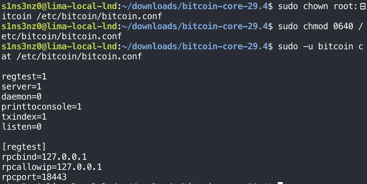 sudo chown root:bitcoin /etc/bitcoin/bitcoin.conf and sudo chmod 0640 /etc/bitcoin/bitcoin.conf with no output; sudo -u bitcoin cat /etc/bitcoin/bitcoin.conf prints the configuration