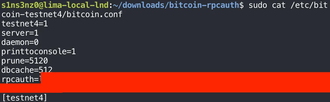sudo cat /etc/bitcoin-testnet4/bitcoin.conf: testnet4=1, server=1, daemon=0, printtoconsole=1, prune=5120, dbcache=512, then rpcauth= followed by a covered value, then [testnet4]