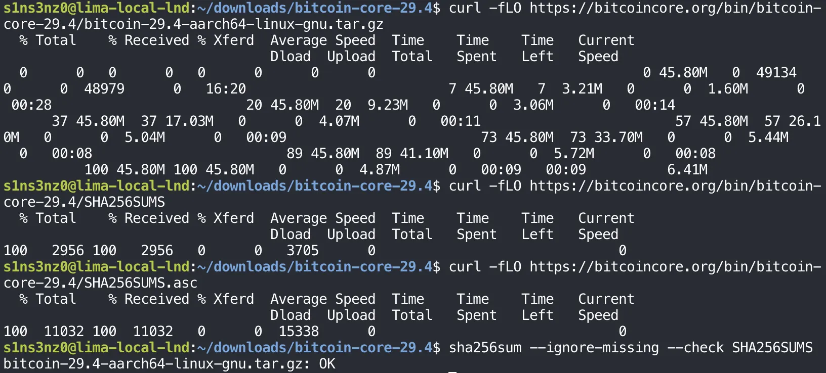 Inside the VM in ~/downloads/bitcoin-core-29.4: curl -fLO downloads bitcoin-29.4-aarch64-linux-gnu.tar.gz (45.80M), SHA256SUMS (2956 bytes), and SHA256SUMS.asc (11032 bytes); sha256sum --ignore-missing --check SHA256SUMS prints bitcoin-29.4-aarch64-linux-gnu.tar.gz: OK