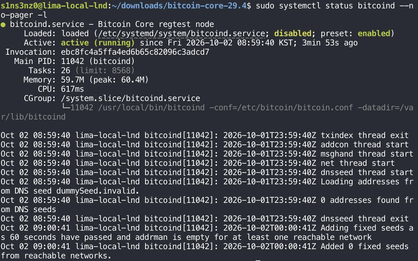 sudo systemctl status bitcoind --no-pager -l: bitcoind.service - Bitcoin Core regtest node, Loaded from /etc/systemd/system/bitcoind.service; disabled; preset: enabled, Active: active (running) since Fri 2026-10-02 08:59:40 KST, Main PID 11042, Tasks 26, Memory 59.7M, CGroup /system.slice/bitcoind.service running /usr/local/bin/bitcoind -conf=/etc/bitcoin/bitcoin.conf -datadir=/var/lib/bitcoind, followed by log lines for txindex, addcon, msghand, net, and dnsseed threads, Loading addresses from DNS seed dummySeed.invalid, 0 addresses found, Added 0 fixed seeds
