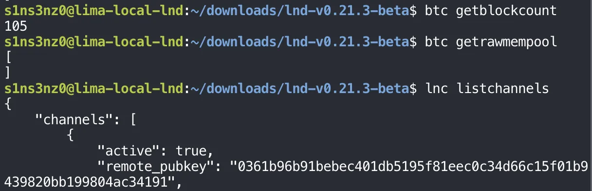 btc getblockcount prints 105; btc getrawmempool returns an empty list; lnc listchannels shows a channel with active true and remote_pubkey 0361b96b91bebec401db5195f81eec0c34d66c15f01b9439820bb199804ac34191