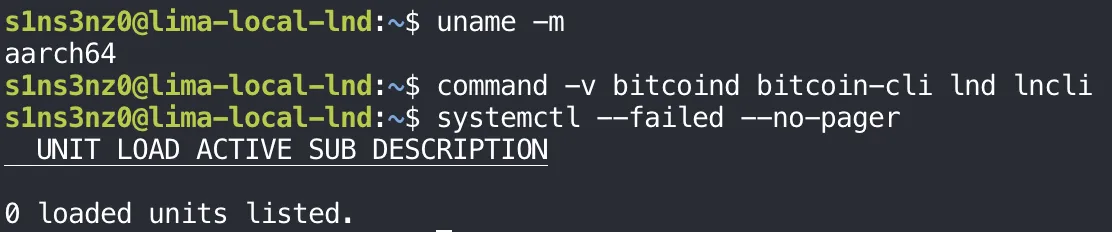 Inside the VM: uname -m prints aarch64; command -v bitcoind bitcoin-cli lnd lncli prints nothing; systemctl --failed --no-pager lists 0 loaded units