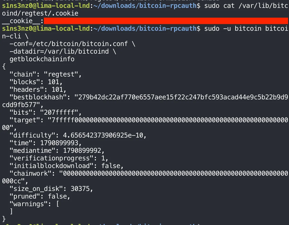 The top line shows an earlier cat of /var/lib/bitcoind/regtest/.cookie failing with Permission denied; sudo cat /var/lib/bitcoind/regtest/.cookie prints cookie: followed by the covered secret; sudo -u bitcoin bitcoin-cli with -conf and -datadir returns getblockchaininfo with chain regtest, blocks 101, bestblockhash 279b42dc…fb577
