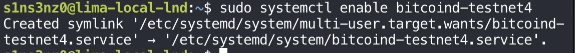 sudo systemctl enable bitcoind-testnet4 prints Created symlink '/etc/systemd/system/multi-user.target.wants/bitcoind-testnet4.service' → '/etc/systemd/system/bitcoind-testnet4.service'