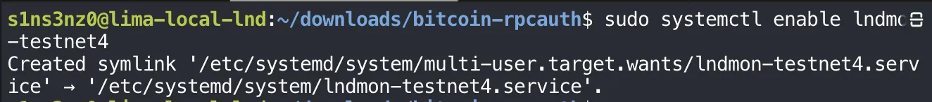 sudo systemctl enable lndmon-testnet4 prints Created symlink '/etc/systemd/system/multi-user.target.wants/lndmon-testnet4.service' → '/etc/systemd/system/lndmon-testnet4.service'