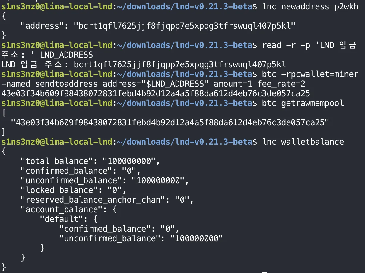 lnc newaddress p2wkh returns bcrt1qfl7625jjf8fjqpp7e5xpqg3tfrswuql407p5kl; read -r -p stores it in LND_ADDRESS (the prompt is in Korean); btc -rpcwallet=miner -named sendtoaddress address="$LND_ADDRESS" amount=1 fee_rate=2 returns txid 43e03f34b609f98438072831febd4b92d12a4a5f88da612d4eb76c3de057ca25; btc getrawmempool lists that txid; lnc walletbalance shows total_balance 100000000, confirmed_balance 0, unconfirmed_balance 100000000