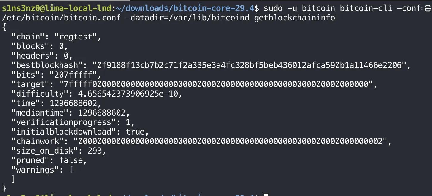 sudo -u bitcoin bitcoin-cli -conf=/etc/bitcoin/bitcoin.conf -datadir=/var/lib/bitcoind getblockchaininfo returns JSON: chain regtest, blocks 0, headers 0, bestblockhash 0f9188f13cb7b2c71f2a335e3a4fc328bf5beb436012afca590b1a11466e2206, difficulty 4.656542373906925e-10, time 1296688602, verificationprogress 1, initialblockdownload true, size_on_disk 293, pruned false, warnings empty