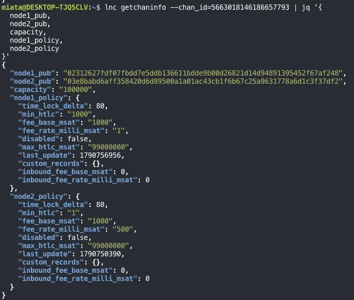 getchaninfo for SCID 5663018146186657793: node1 is 023126…, node2 is the WSL node. node2_policy has time_lock_delta 80, min_htlc 1, fee_base_msat 1000, fee_rate_milli_msat 500, disabled false, max_htlc_msat 99000000