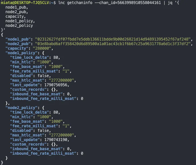 getchaninfo for SCID 5663998910558044161: node1 is 023126…, node2 is the WSL node. node2_policy has time_lock_delta 80, min_htlc 1000, fee_base_msat 1000, fee_rate_milli_msat 1, disabled false, max_htlc_msat 277200000