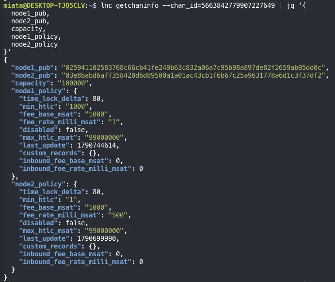getchaninfo for SCID 5663842779907227649: node1 is 025941…, node2 is the WSL node 03e8…. node2_policy has time_lock_delta 80, min_htlc 1, fee_base_msat 1000, fee_rate_milli_msat 500, disabled false, max_htlc_msat 99000000