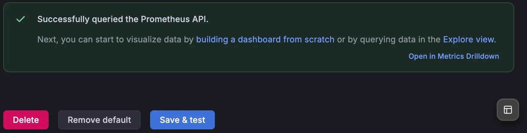 Grafana's Save & test result: a green check with Successfully queried the Prometheus API. Next, you can start to visualize data by building a dashboard from scratch or by querying data in the Explore view; links to Open in Metrics Drilldown; buttons Delete, Remove default, Save & test