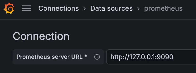 Grafana, Connections › Data sources › prometheus, Connection section: Prometheus server URL set to http://127.0.0.1:9090