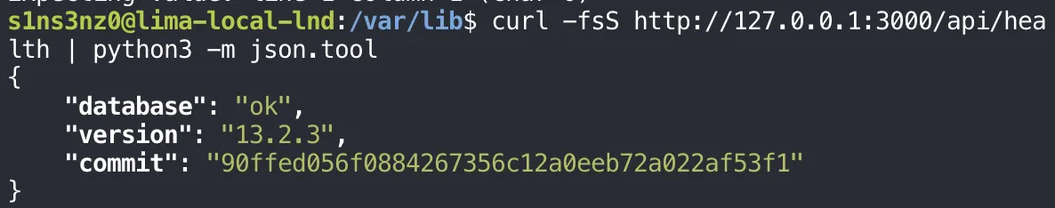 curl -fsS http://127.0.0.1:3000/api/health piped into python3 -m json.tool returns database ok, version 13.2.3, commit 90ffed056f0884267356c12a0eeb72a022af53f1