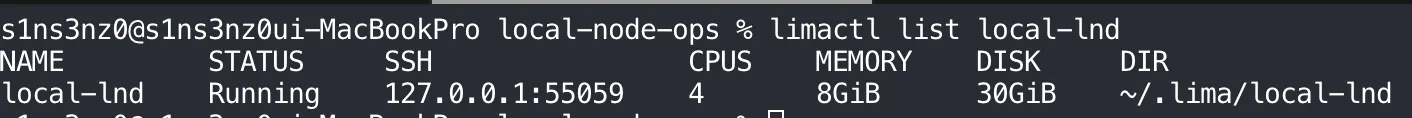 limactl list local-lnd on the Mac: NAME local-lnd, STATUS Running, SSH 127.0.0.1:55059, CPUS 4, MEMORY 8GiB, DISK 30GiB, DIR ~/.lima/local-lnd