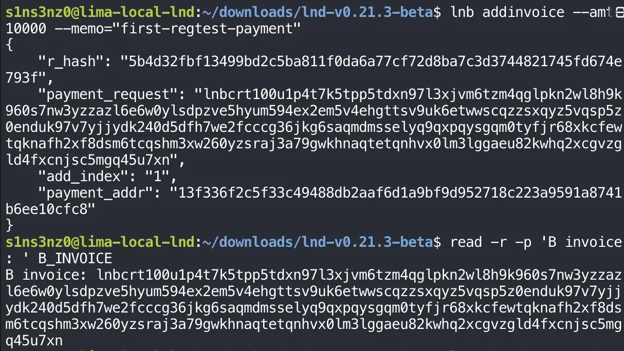 lnb addinvoice --amt=10000 --memo="first-regtest-payment" returns r_hash 5b4d32fbf13499bd2c5ba811f0da6a77cf72d8ba7c3d3744821745fd674e793f, payment_request lnbcrt100u1p4t7k5tpp5…mgq45u7xn, add_index 1, payment_addr 13f336f2…0cfc8; read -r -p 'B invoice: ' B_INVOICE stores the same payment request