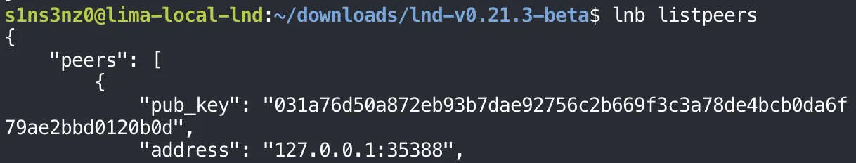 lnb listpeers shows one peer, pub_key 031a76d50a872eb93b7dae92756c2b669f3c3a78de4bcb0da6f79ae2bbd0120b0d at address 127.0.0.1:35388