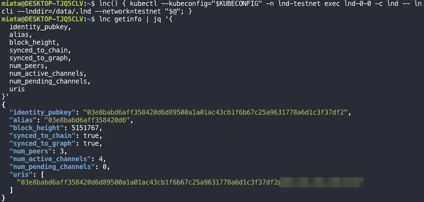 Registering the lnc function and filtering lnc getinfo with jq: block_height 5151767, synced_to_chain and synced_to_graph true, num_peers 3, num_active_channels 4, num_pending_channels 0, and one entry in uris with the public key and an address, the IP address blurred