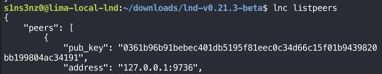 lnc listpeers shows one peer, pub_key 0361b96b91bebec401db5195f81eec0c34d66c15f01b9439820bb199804ac34191 at address 127.0.0.1:9736
