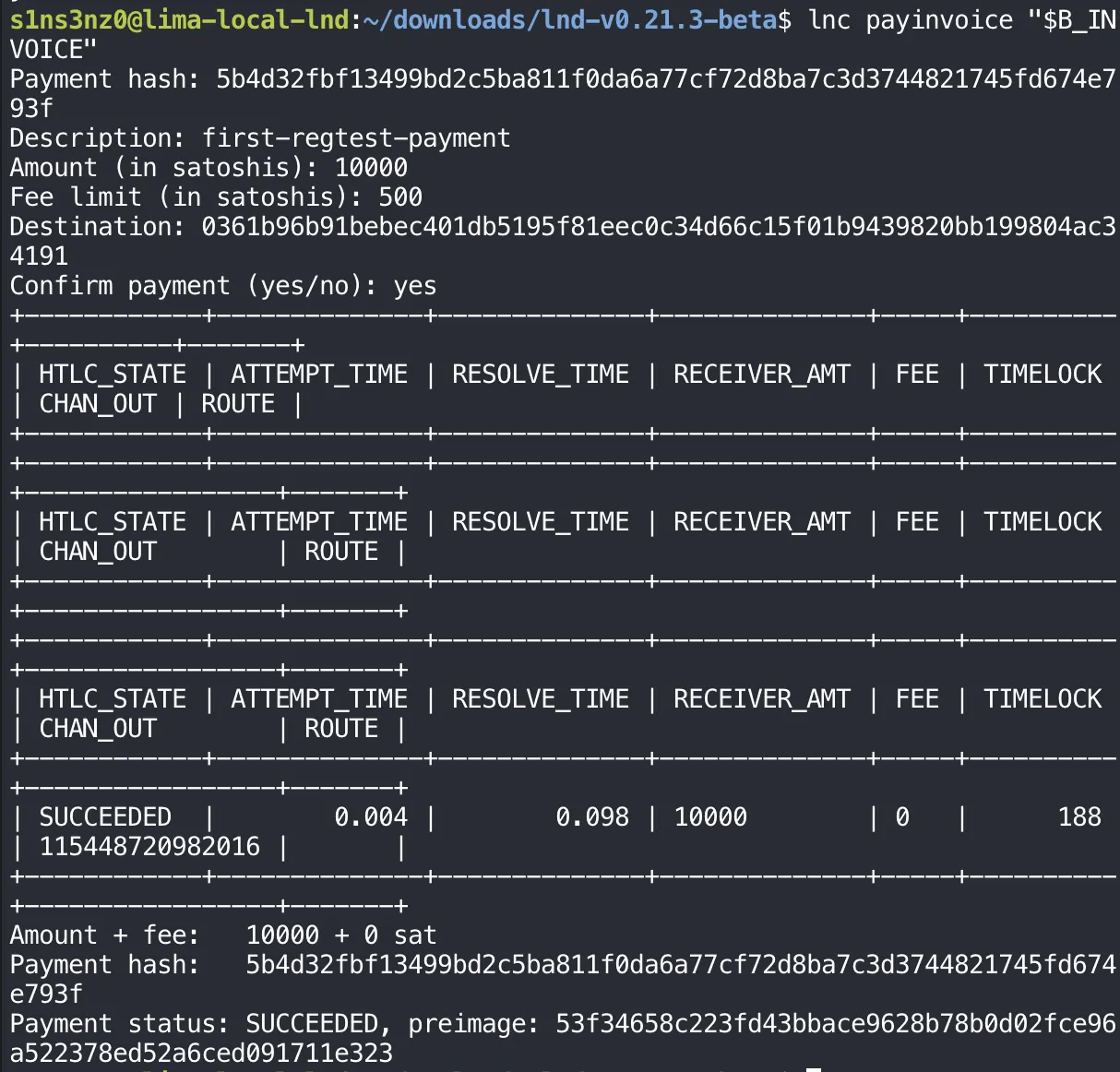 lnc payinvoice "$B_INVOICE" first decodes the invoice: Payment hash 5b4d32fb…793f, Description first-regtest-payment, Amount 10000 satoshis, Fee limit 500 satoshis, Destination 0361b96b…4191; after Confirm payment yes, the HTLC table shows SUCCEEDED, attempt time 0.004, resolve time 0.098, RECEIVER_AMT 10000, FEE 0, TIMELOCK 188, CHAN_OUT 115448720982016; Amount + fee 10000 + 0 sat; Payment status SUCCEEDED, preimage 53f34658c223fd43bbace9628b78b0d02fce96a522378ed52a6ced091711e323