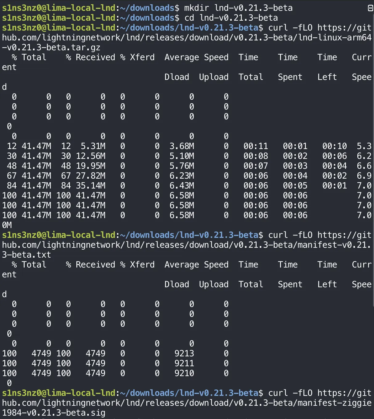 Inside the VM in ~/downloads/lnd-v0.21.3-beta: curl -fLO downloads lnd-linux-arm64-v0.21.3-beta.tar.gz (41.47M) and manifest-v0.21.3-beta.txt (4749 bytes) from the v0.21.3-beta GitHub release, then starts downloading manifest-ziggie1984-v0.21.3-beta.sig