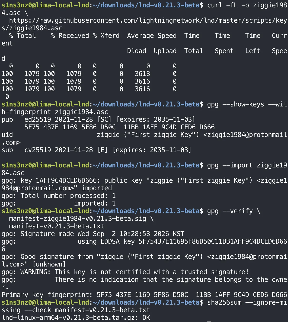 curl -fL -o ziggie1984.asc downloads the key (1079 bytes); gpg --show-keys --with-fingerprint shows an ed25519 key created 2021-11-28, expiring 2035-11-03, fingerprint 5F75 437E 1169 5F86 D50C 11BB 1AFF 9C4D CED6 D666, uid ziggie ("First ziggie Key") ziggie1984@protonmail.com; gpg --import imports it; gpg --verify reports a Good signature from ziggie made Wed Sep 2 10:28:58 2026 KST with the same fingerprint, plus the usual not-certified warning; sha256sum --ignore-missing --check manifest-v0.21.3-beta.txt prints lnd-linux-arm64-v0.21.3-beta.tar.gz: OK
