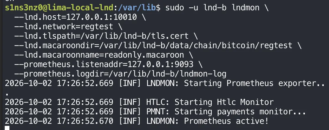 sudo -u lnd-b lndmon with --lnd.host=127.0.0.1:10010, --lnd.network=regtest, --lnd.tlspath=/var/lib/lnd-b/tls.cert, --lnd.macaroondir=/var/lib/lnd-b/data/chain/bitcoin/regtest, --lnd.macaroonname=readonly.macaroon, --prometheus.listenaddr=127.0.0.1:9093, --prometheus.logdir=/var/lib/lnd-b/lndmon-log; the log shows Starting Prometheus exporter, Starting Htlc Monitor, Starting payments monitor, Prometheus active!