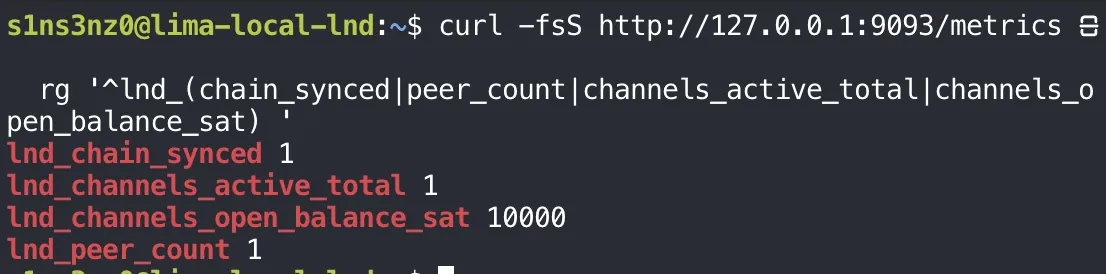 curl -fsS http://127.0.0.1:9093/metrics piped into rg prints lnd_chain_synced 1, lnd_channels_active_total 1, lnd_channels_open_balance_sat 10000, lnd_peer_count 1