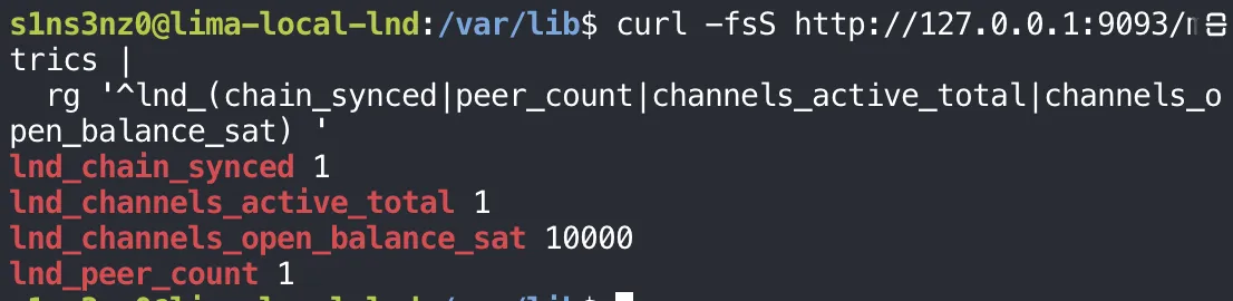 After starting lndmon-b as a service, curl -fsS http://127.0.0.1:9093/metrics piped into rg prints lnd_chain_synced 1, lnd_channels_active_total 1, lnd_channels_open_balance_sat 10000, lnd_peer_count 1