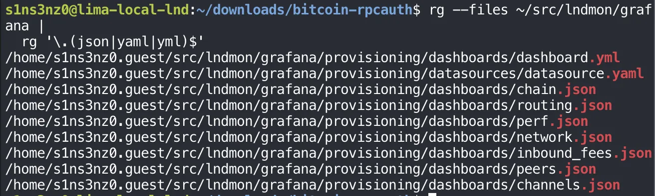 rg --files ~/src/lndmon/grafana piped into rg for .json, .yaml, and .yml files lists, under /home/s1ns3nz0.guest/src/lndmon/grafana/provisioning: dashboards/dashboard.yml, datasources/datasource.yaml, and dashboards chain.json, routing.json, perf.json, network.json, inbound_fees.json, peers.json, channels.json