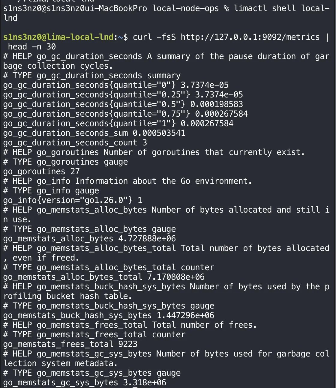 From the Mac, limactl shell local-lnd opens a shell in the VM; curl -fsS http://127.0.0.1:9092/metrics | head -n 30 prints Prometheus text format: # HELP and # TYPE lines followed by values for go_gc_duration_seconds (quantiles, sum 0.000503541, count 3), go_goroutines 27, go_info{version="go1.26.0"} 1, go_memstats_alloc_bytes, go_memstats_alloc_bytes_total, go_memstats_buck_hash_sys_bytes, go_memstats_frees_total, go_memstats_gc_sys_bytes