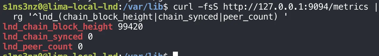 curl -fsS http://127.0.0.1:9094/metrics piped into rg prints lnd_chain_block_height 99420, lnd_chain_synced 0, lnd_peer_count 0