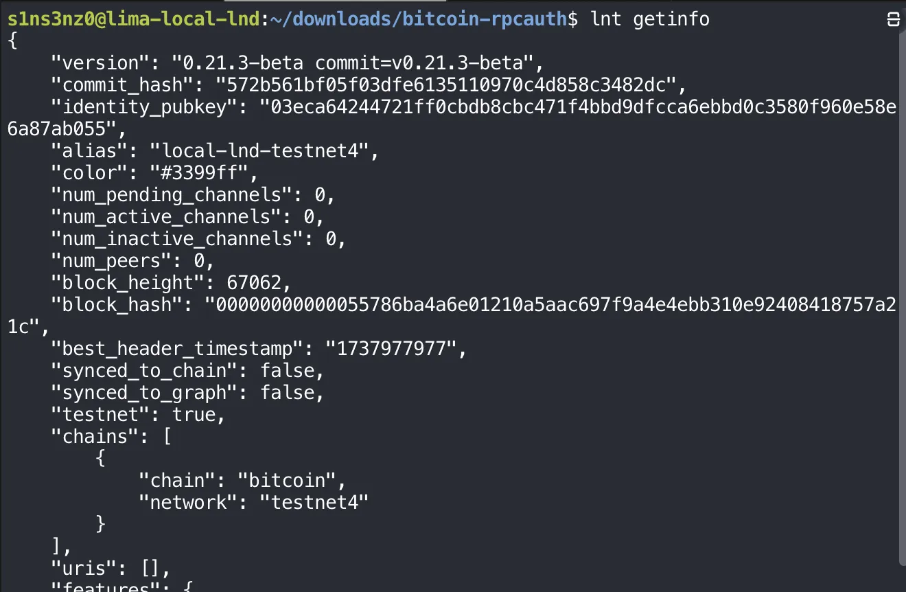 lnt getinfo: version 0.21.3-beta, identity_pubkey 03eca64244721ff0cbdb8cbc471f4bbd9dfcca6ebbd0c3580f960e58e6a87ab055, alias local-lnd-testnet4, 0 pending, active, and inactive channels, 0 peers, block_height 67062, block_hash 0000000000055786…a21c, best_header_timestamp 1737977977, synced_to_chain false, synced_to_graph false, testnet true, chains bitcoin testnet4, uris empty