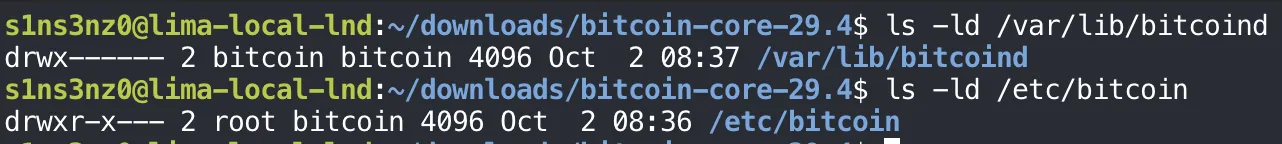 ls -ld /var/lib/bitcoind prints drwx------ 2 bitcoin bitcoin; ls -ld /etc/bitcoin prints drwxr-x--- 2 root bitcoin