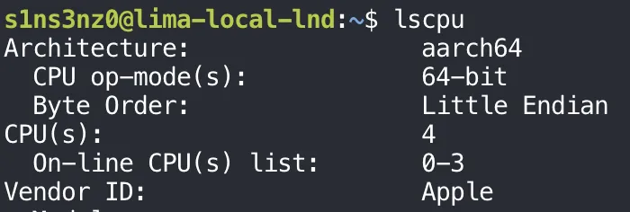lscpu inside the VM (prompt s1ns3nz0@lima-local-lnd): Architecture aarch64, CPU op-mode 64-bit, Little Endian, 4 CPUs on-line 0-3, Vendor ID Apple