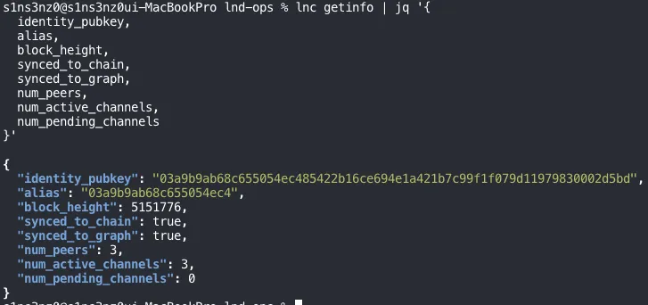 lnc getinfo in the Mac terminal (MacBookPro): identity_pubkey 03a9b9ab68c6…, block_height 5151776, synced_to_chain and synced_to_graph true, num_peers 3, num_active_channels 3, num_pending_channels 0