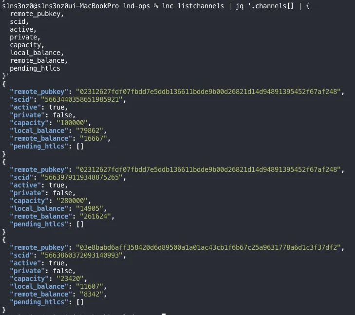 lnc listchannels in the Mac terminal: a 100,000-sat channel with 023126… (local 79,862, remote 16,667), a 280,000-sat channel with 023126… (local 14,905, remote 261,624), and a 23,420-sat channel with the WSL node 03e8… (scid 5663860372093140993, local 11,607, remote 8,342). All three are active and public, with empty pending_htlcs