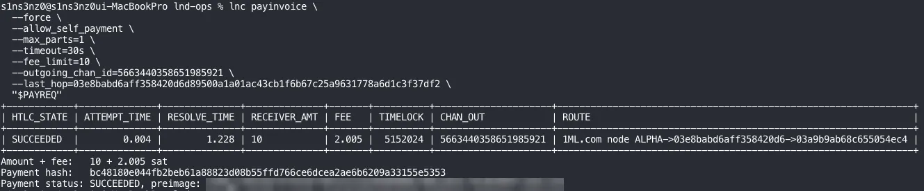 payinvoice in the Mac terminal: HTLC_STATE SUCCEEDED, RECEIVER_AMT 10, FEE 2.005, TIMELOCK 5152024, CHAN_OUT 5663440358651985921, ROUTE 1ML.com node ALPHA->03e8babd6aff358420d6->03a9b9ab68c655054ec4. Amount + fee 10 + 2.005 sat, Payment status SUCCEEDED, with the preimage blurred