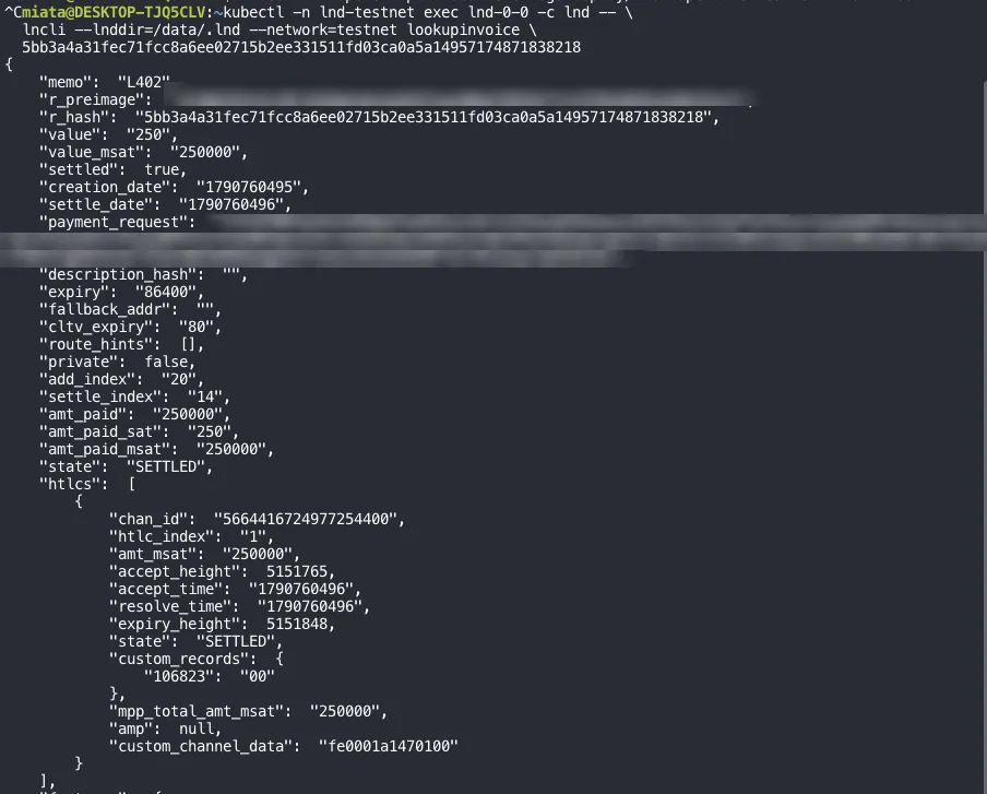 lncli lookupinvoice on the merchant LND node in testnet: memo L402, value 250, settled true, state SETTLED, amt_paid_sat 250, one HTLC settled; the r_preimage and payment_request values are blurred