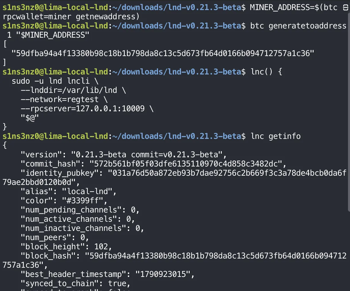 MINER_ADDRESS=$(btc -rpcwallet=miner getnewaddress); btc generatetoaddress 1 "$MINER_ADDRESS" returns block hash 59dfba94a4f13380b98c18b1b798da8c13c5d673fb64d0166b094712757a1c36; the lnc function is defined; lnc getinfo shows the same identity_pubkey, block_height 102, block_hash 59dfba94…757a1c36, best_header_timestamp 1790923015, synced_to_chain true
