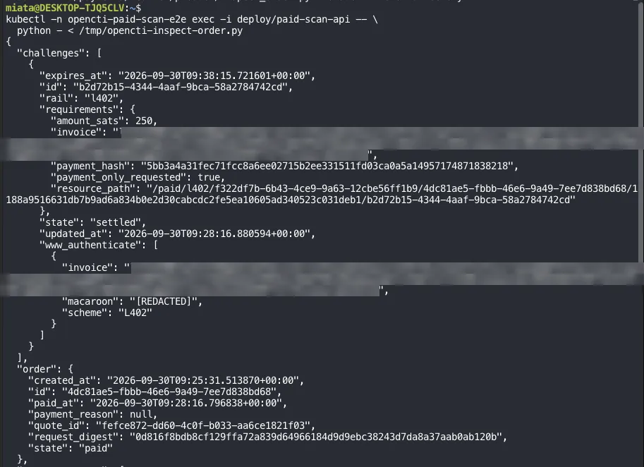 Order inspection output for the testnet order: the challenge in state settled with amount_sats 250, the payment hash, the resource path, and a redacted macaroon; the order in state paid with paid_at set. The invoice values are blurred
