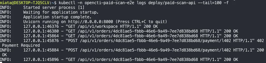 paid-scan-api logs for one order: GET workspace and order return 200, the first POST to /payment/l402 returns 402 Payment Required, the next POST to the same endpoint returns 200 OK, then a GET of the order returns 200