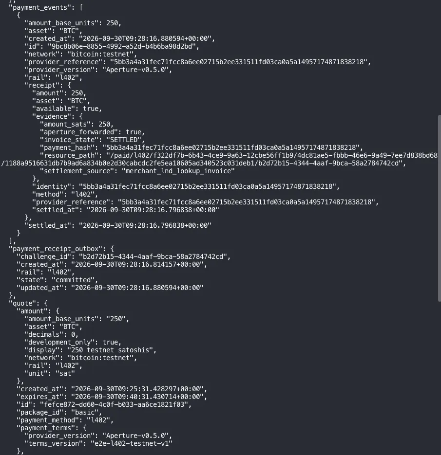 Continuation of the output: a payment event of 250 testnet sats on bitcoin:testnet from Aperture v0.5.0, whose receipt evidence shows invoice_state SETTLED, amount_sats 250, the same resource path, and settlement_source merchant_lnd_lookup_invoice; the payment receipt outbox in state committed; and the saved quote for 250 testnet satoshis
