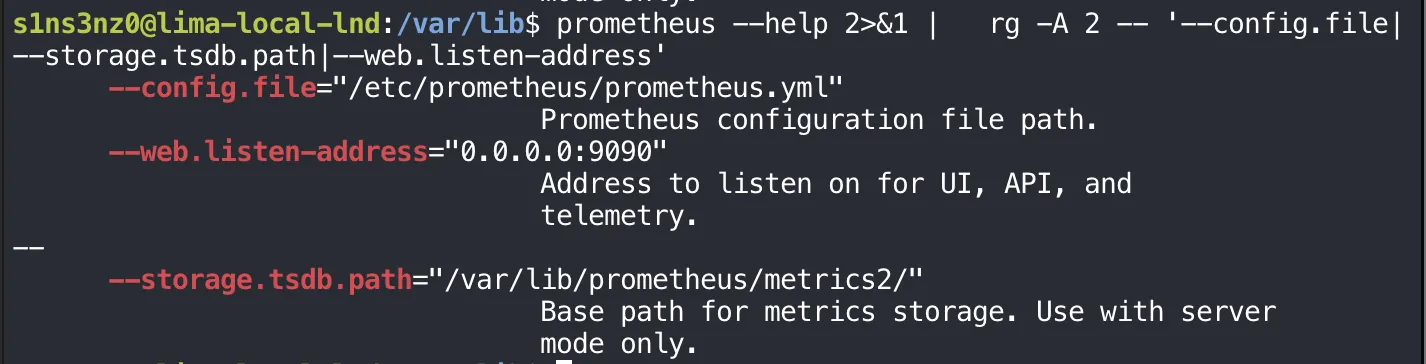 prometheus --help 2>&1 piped into rg -A 2 shows --config.file="/etc/prometheus/prometheus.yml" (Prometheus configuration file path), --web.listen-address="0.0.0.0:9090" (Address to listen on for UI, API, and telemetry), and --storage.tsdb.path="/var/lib/prometheus/metrics2/" (Base path for metrics storage)