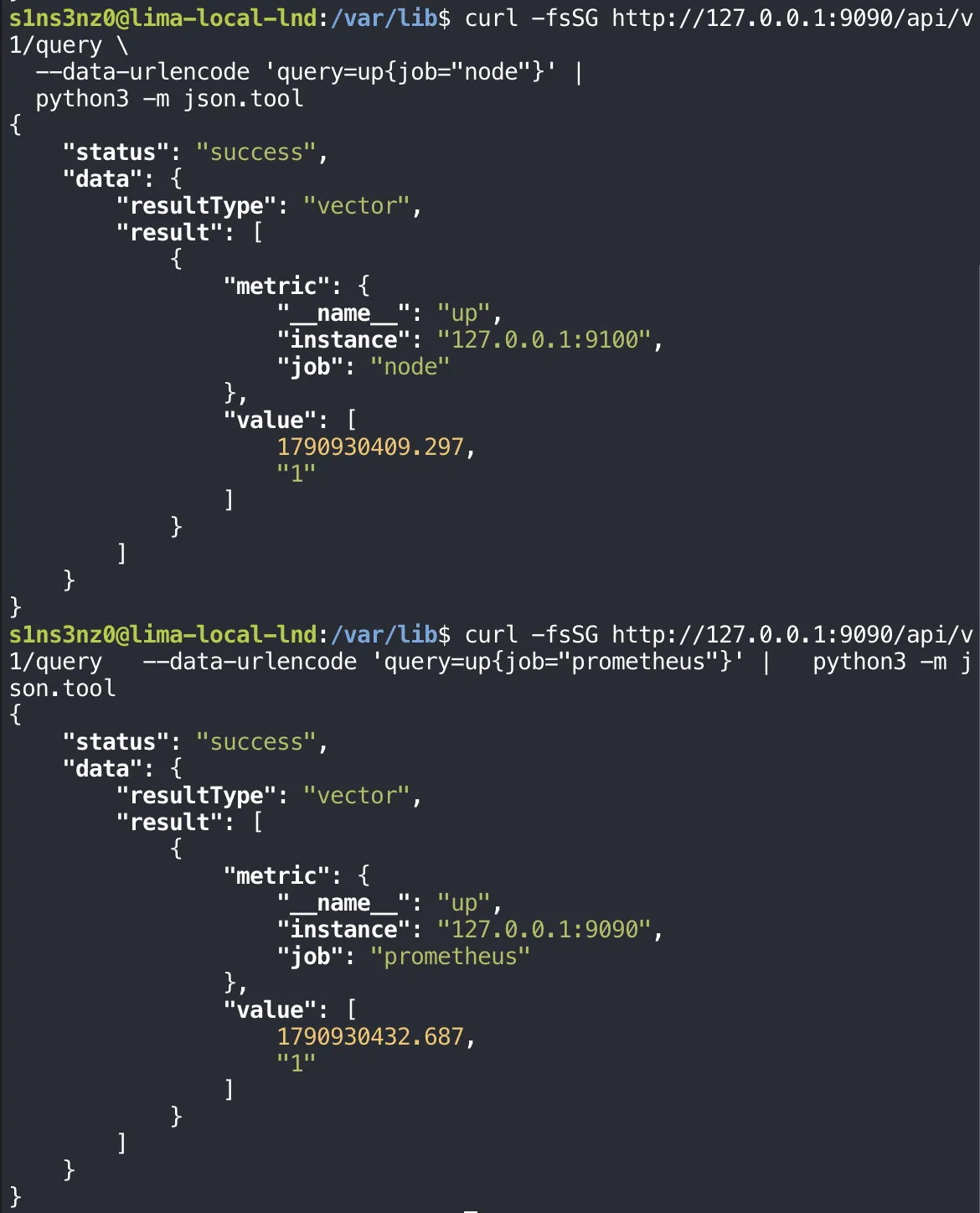 up{job="node"} returns one result, instance 127.0.0.1:9100, job node, value 1; up{job="prometheus"} returns one result, instance 127.0.0.1:9090, job prometheus, value 1