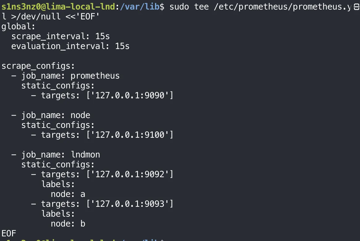 sudo tee /etc/prometheus/prometheus.yml >/dev/null <<'EOF' with global scrape_interval 15s and evaluation_interval 15s; scrape_configs: job prometheus targeting 127.0.0.1:9090, job node targeting 127.0.0.1:9100, and job lndmon with two static_configs, 127.0.0.1:9092 labeled node: a and 127.0.0.1:9093 labeled node: b