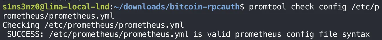 promtool check config /etc/prometheus/prometheus.yml prints Checking /etc/prometheus/prometheus.yml and SUCCESS: /etc/prometheus/prometheus.yml is valid prometheus config file syntax